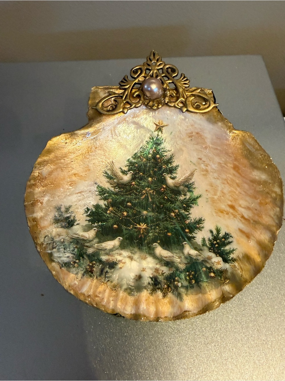 Gold Shell Ornament with Green Christmas Tree and Doves